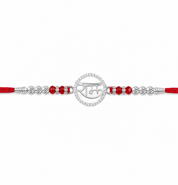Ram Rakhi – 925 Sterling Silver Ram Symbol Rakhi with Ruby Red Crystal Beads