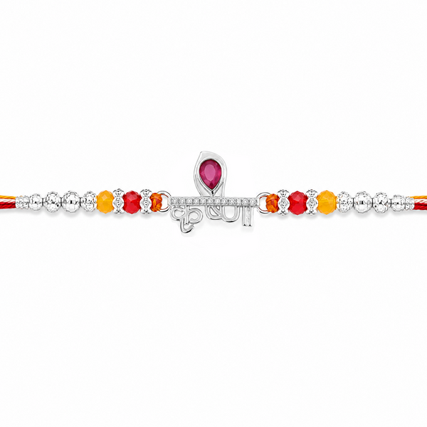 Krishna Rakhi – 925 Sterling Silver Rakhi with Pink Crystal, Red & Yellow Beads