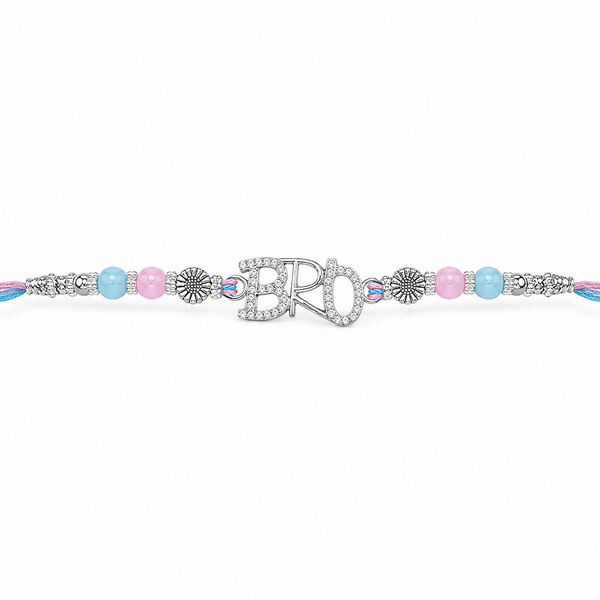Bro Rakhi – 925 Sterling Silver Letter Rakhi with Pastel Blue & Pink Beads
