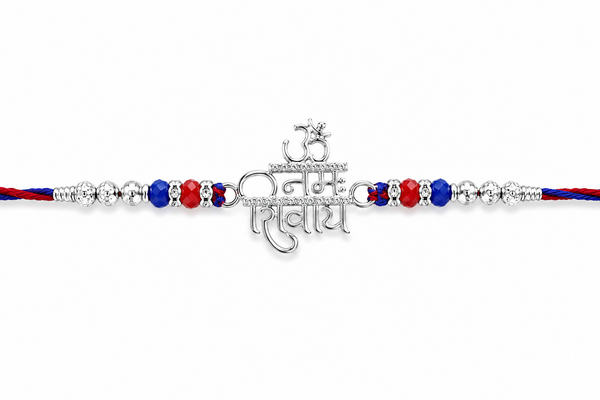 Om Namah Shivay Rakhi – 925 Sterling Silver Spiritual Rakhi with Red & Blue Beads