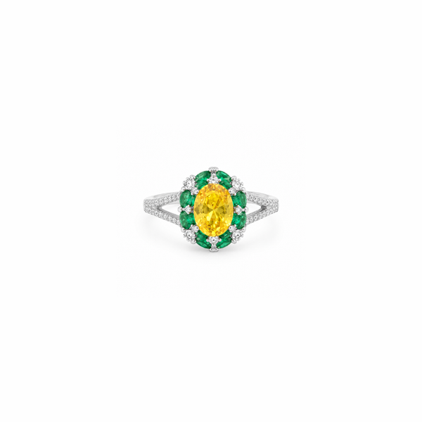 Ira Ring – 925 Sterling Silver Yellow & Emerald Halo Ring
