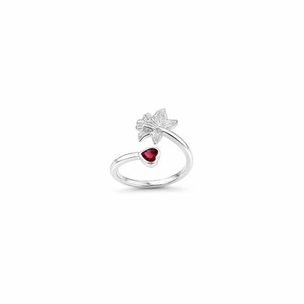 Flora Ring – 925 Sterling Silver Floral Open Ring with Ruby Red Heart CZ
