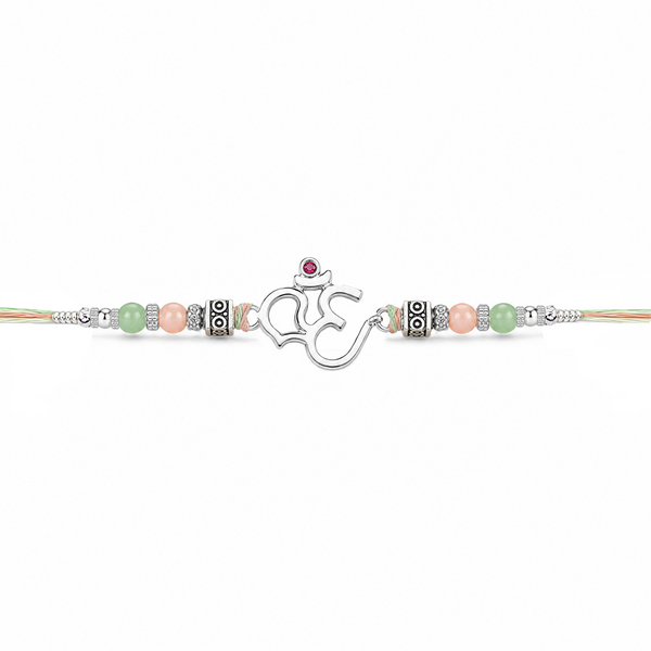 Om Rakhi – 925 Sterling Silver Om Rakhi with Pastel Green & Peach Beads