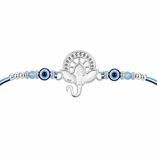 Ganesha Kavach Silver Rakhi – 925 Sterling Silver Evil Eye Rakhi with Sky Blue & Royal Blue Beads