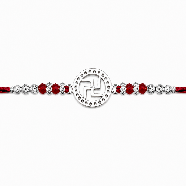 Shubh Swastik Silver Rakhi – 925 Sterling Silver Auspicious Swastik Rakhi with Ruby Red Crystal Beads