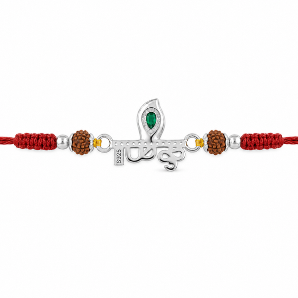 Krishna Rakhi – 925 Sterling Silver Rakhi with Green Crystal & Rudraksha Beads