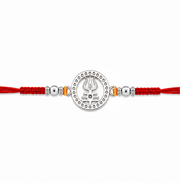 Trishul Rakhi – 925 Sterling Silver Trishul Rakhi with CZ Detailing & Red Thread