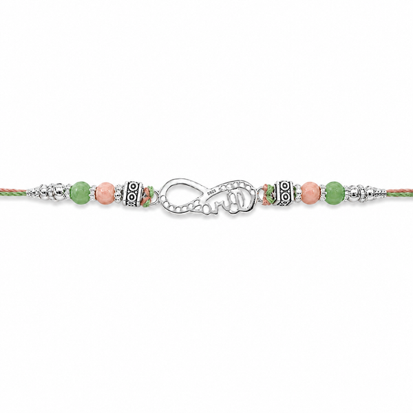 Bro Infinity Rakhi – 925 Sterling Silver Infinity Rakhi with Pastel Green & Peach Beads