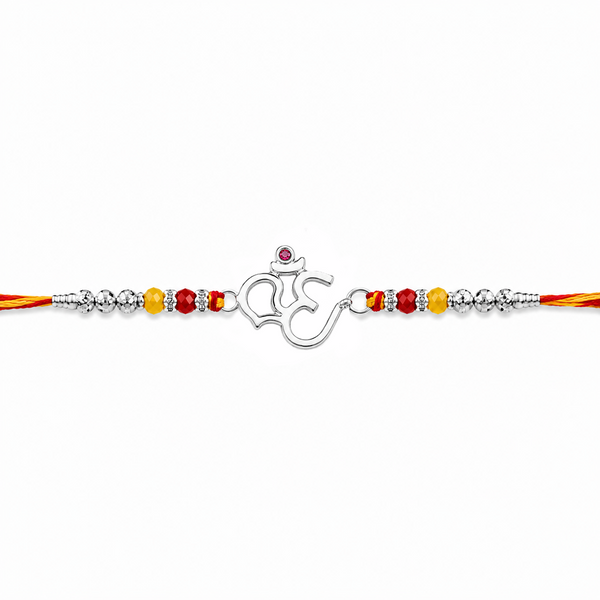 Om Rakhi – 925 Sterling Silver Divine Om Rakhi with Ruby & Golden Crystal Beads