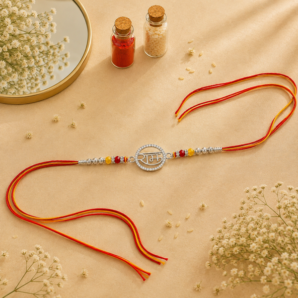 Ram Rakhi – 925 Sterling Silver Ram Rakhi with Ruby Red & Golden Yellow Crystal Beads