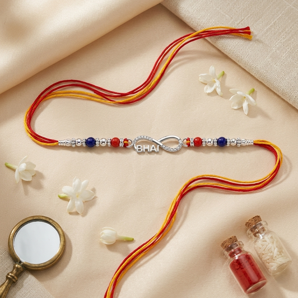 Bhai Rakhi – 925 Sterling Silver Infinity Rakhi with Red & Blue Beads