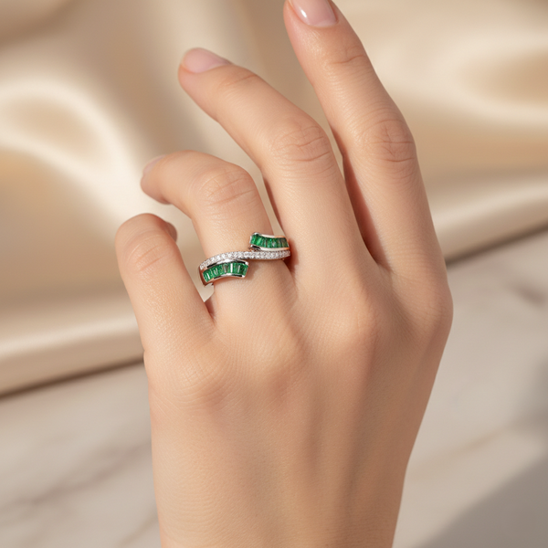 Zariya Ring – 925 Sterling Silver Green Baguette CZ Crossover Ring for Women