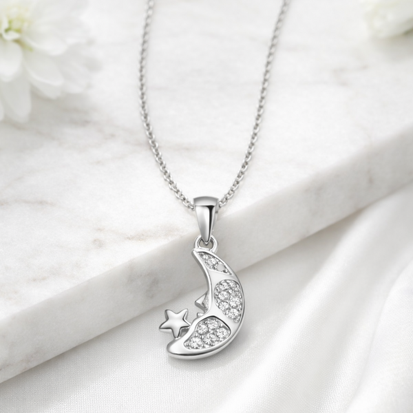 Noor Chand Pendant – 925 Sterling Silver Moon & Star CZ Pendant for Women