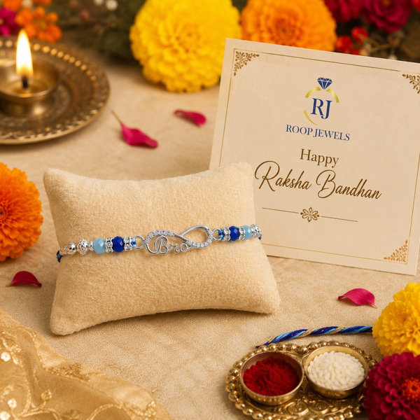 Bro Infinity Rakhi – 925 Sterling Silver Infinity Rakhi with Royal Blue & Sky Blue Crystal Beads
