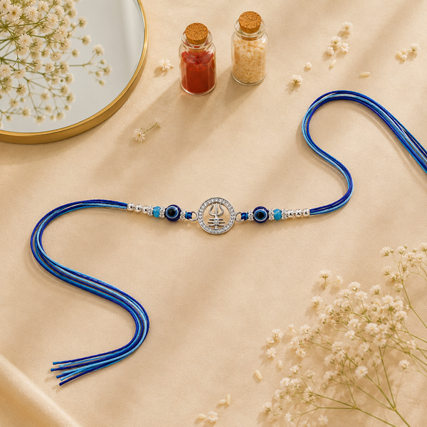 Shiva Kavach Evil Eye Silver Rakhi – 925 Sterling Silver Trishul Rakhi with Evil Eye Protection
