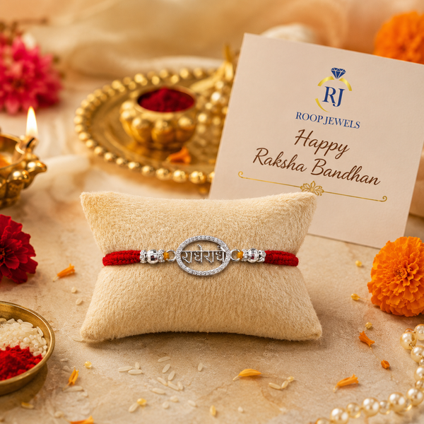 Radhe Radhe Rakhi – 925 Sterling Silver Divine Radhe Radhe Rakhi with Crystal Halo