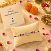 Radhe Radhe Rakhi – 925 Sterling Silver Divine Radhe Radhe Rakhi with Ruby & Royal Blue Crystal Beads
