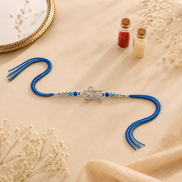 Veera Rakhi – 925 Sterling Silver Name Rakhi with Blue & Sky Blue Beads