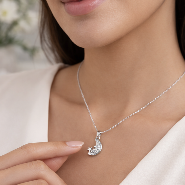 Noor Chand Pendant – 925 Sterling Silver Moon & Star CZ Pendant for Women