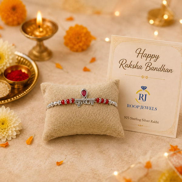 Krishna Rakhi – 925 Sterling Silver Rakhi with Pink Crystal & Red Beads