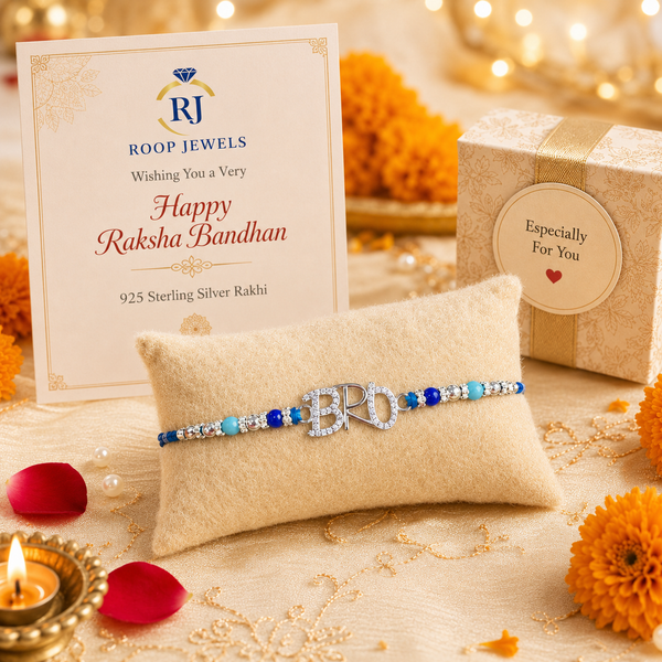 Bro Rakhi – 925 Sterling Silver Letter Rakhi with Blue & Aqua Beads