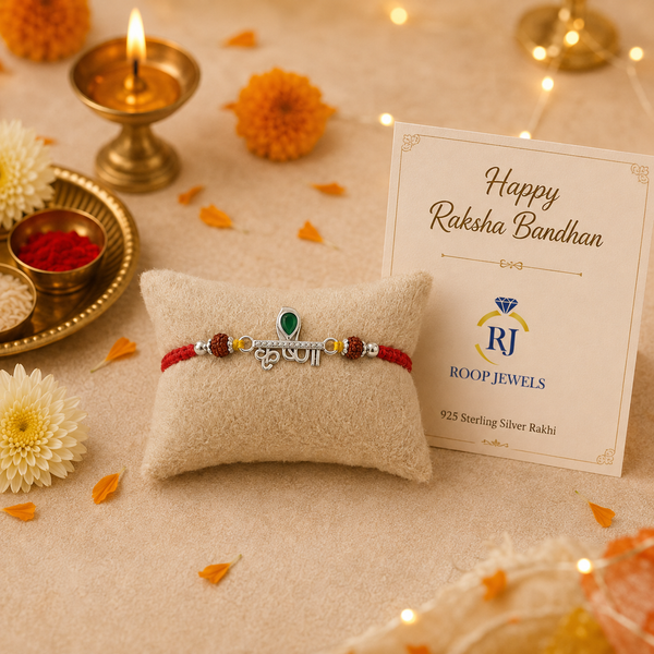 Krishna Rakhi – 925 Sterling Silver Rakhi with Green Crystal & Rudraksha Beads