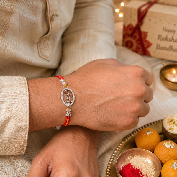 Radhe Radhe Rakhi – 925 Sterling Silver Divine Radhe Radhe Rakhi with Crystal Halo
