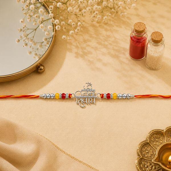 Om Namah Shivay Rakhi – 925 Sterling Silver Spiritual Rakhi with Red & Yellow Beads