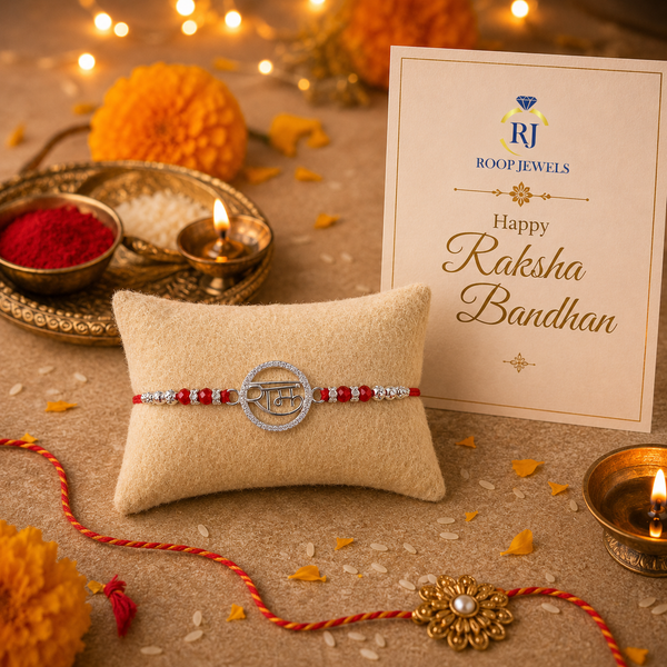Ram Rakhi – 925 Sterling Silver Ram Symbol Rakhi with Ruby Red Crystal Beads