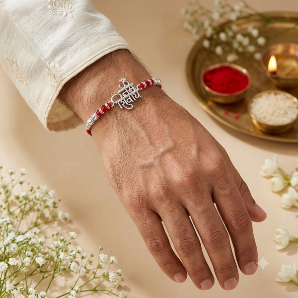 Om Namah Shivay Rakhi – 925 Sterling Silver Spiritual Rakhi with Crystal Beads