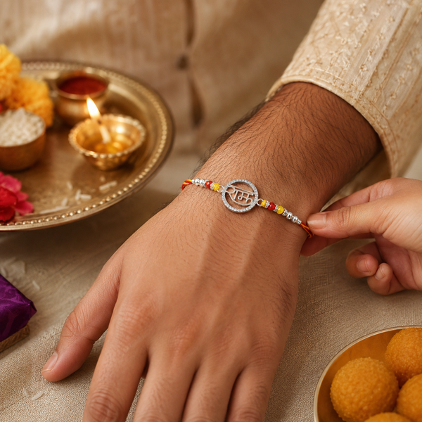 Ram Rakhi – 925 Sterling Silver Ram Rakhi with Ruby Red & Golden Yellow Crystal Beads
