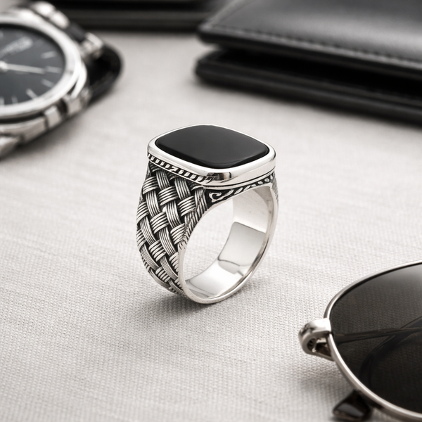 Woven Signet Ring – 925 Sterling Silver Black Stone Statement Ring for Men