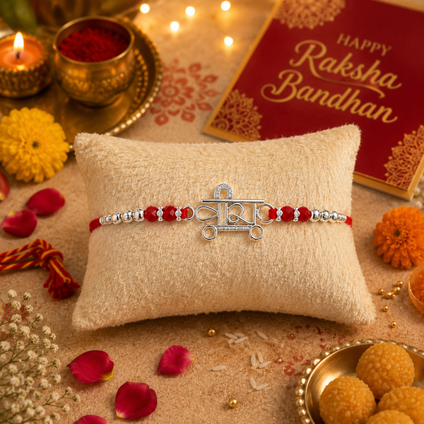 Veera Rakhi – 925 Sterling Silver Name Rakhi with Red Crystal Beads