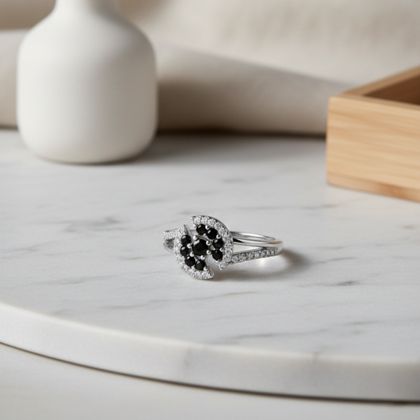 Black Flora Ring – 925 Sterling Silver Floral CZ Ring for Women
