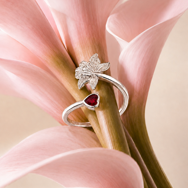 Flora Ring – 925 Sterling Silver Floral Open Ring with Ruby Red Heart CZ