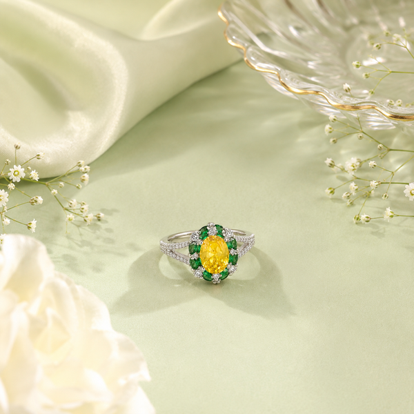 Ira Ring – 925 Sterling Silver Yellow & Emerald Halo Ring