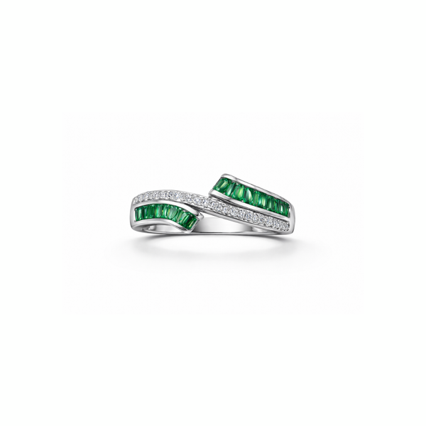 Zariya Ring – 925 Sterling Silver Green Baguette CZ Crossover Ring for Women