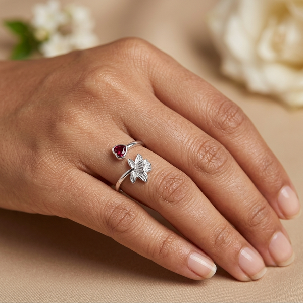 Flora Ring – 925 Sterling Silver Floral Open Ring with Ruby Red Heart CZ