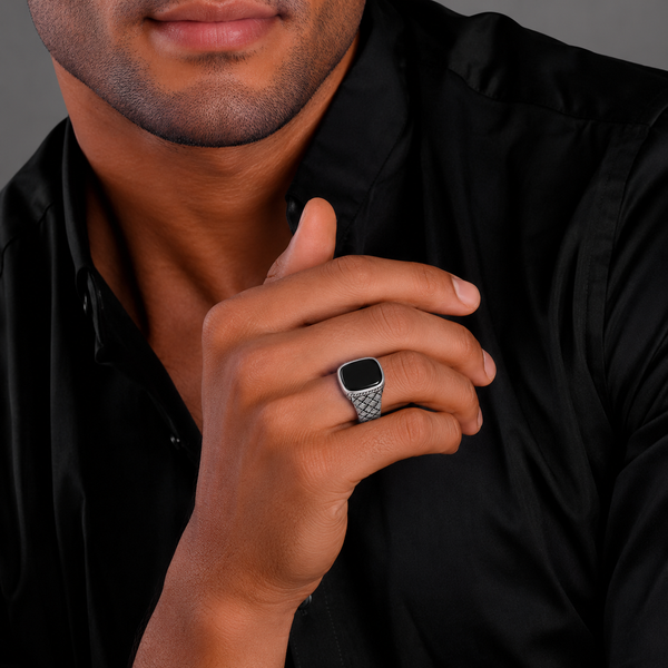 Woven Signet Ring – 925 Sterling Silver Black Stone Statement Ring for Men