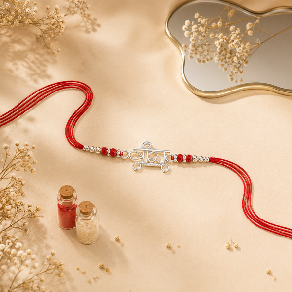 Veera Rakhi – 925 Sterling Silver Name Rakhi with Red Crystal Beads