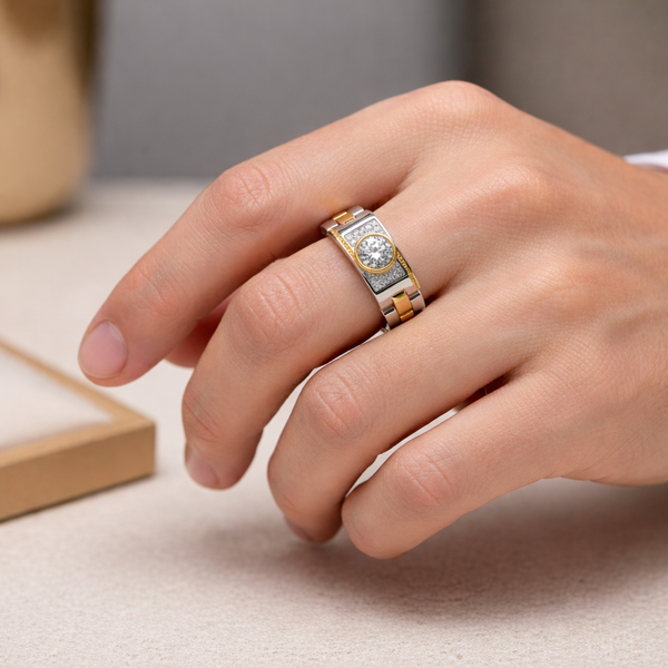 Chrono Ring – 925 Sterling Silver Men’s Dual-Tone Statement Ring