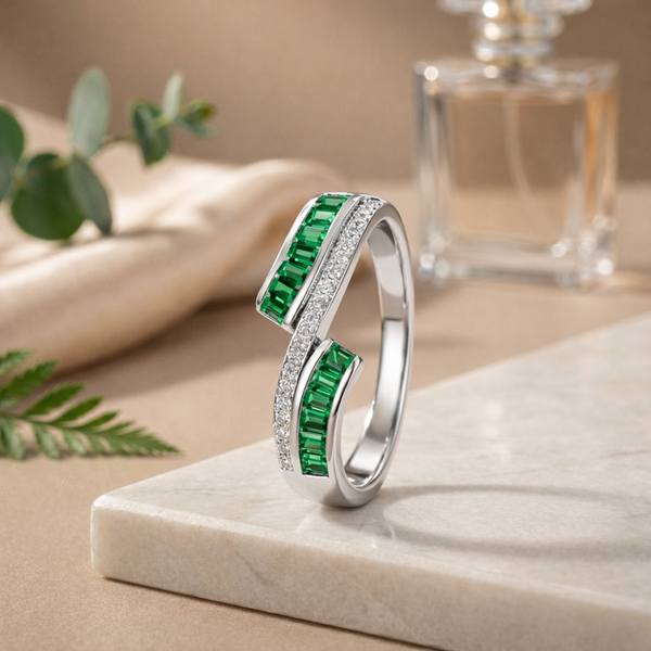 Zariya Ring – 925 Sterling Silver Green Baguette CZ Crossover Ring for Women