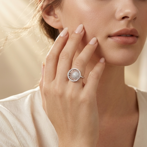 Surya Vritta Ring – 925 Sterling Silver Radiant Halo Ring for Women