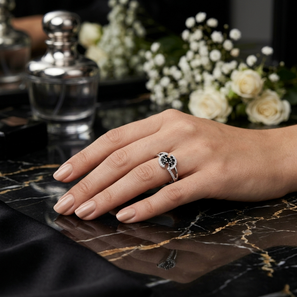 Black Flora Ring – 925 Sterling Silver Floral CZ Ring for Women