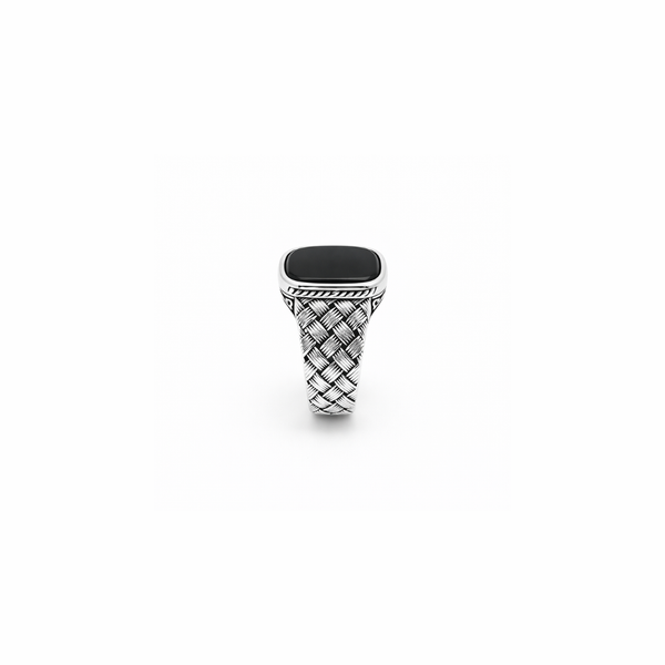 Woven Signet Ring – 925 Sterling Silver Black Stone Statement Ring for Men