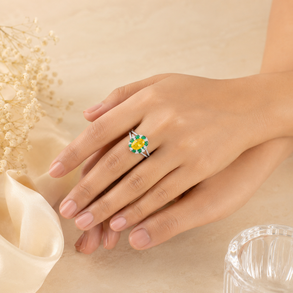 Ira Ring – 925 Sterling Silver Yellow & Emerald Halo Ring