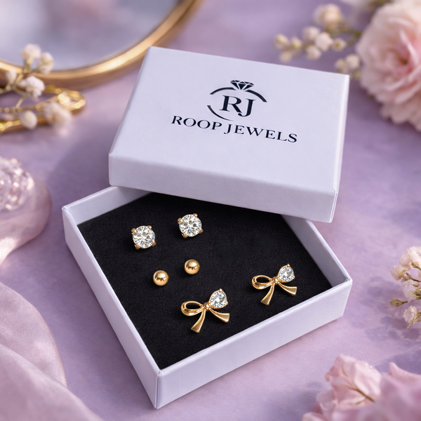 Ribbon Trio Studs – 925 Sterling Silver 3-Pair Gold Stud Earrings Set