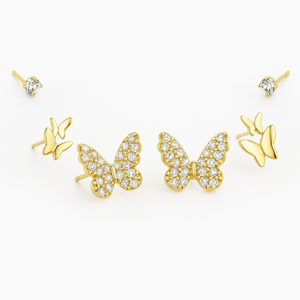 Butterfly Trio Studs – 925 Sterling Silver 3-Pair Earrings Set