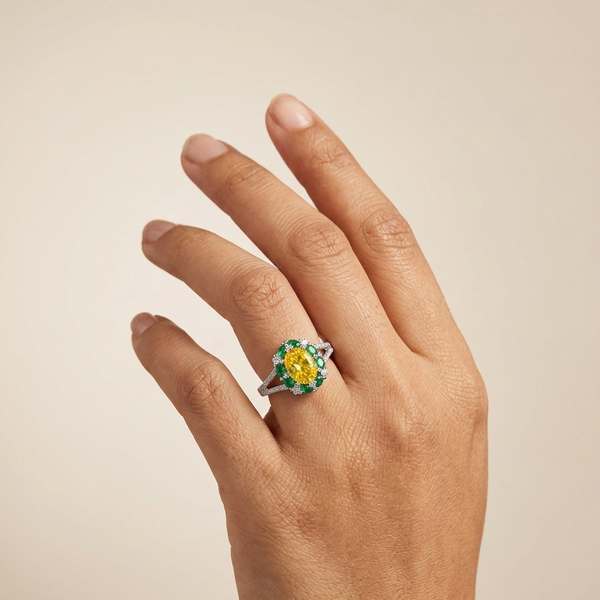 Ira Ring – 925 Sterling Silver Yellow & Emerald Halo Ring