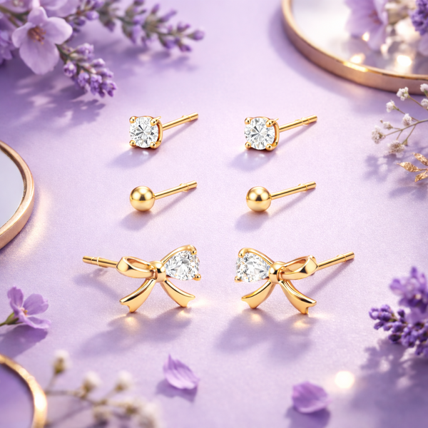 Ribbon Trio Studs – 925 Sterling Silver 3-Pair Gold Stud Earrings Set